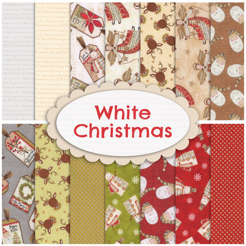 Collage of fabrics in White Christmas featuring angels, reindeer, snowman and Santa.