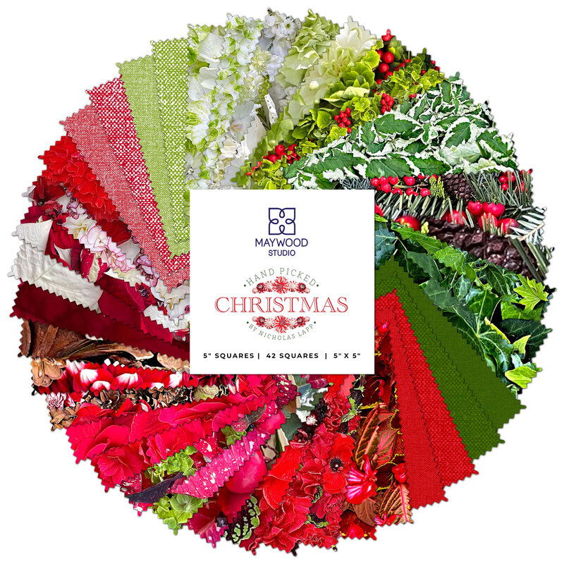Collage of the green and red floral fabrics included in the Hand Picked: Christmas collection.