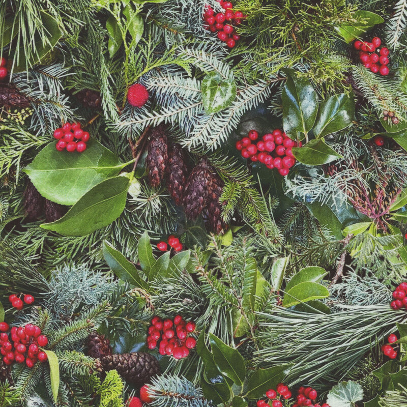 Photorealistic fabric with evergreen branches, berries, and pinecones.