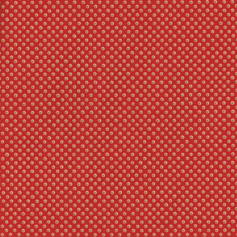 red fabric featuring a white and green dotted design
