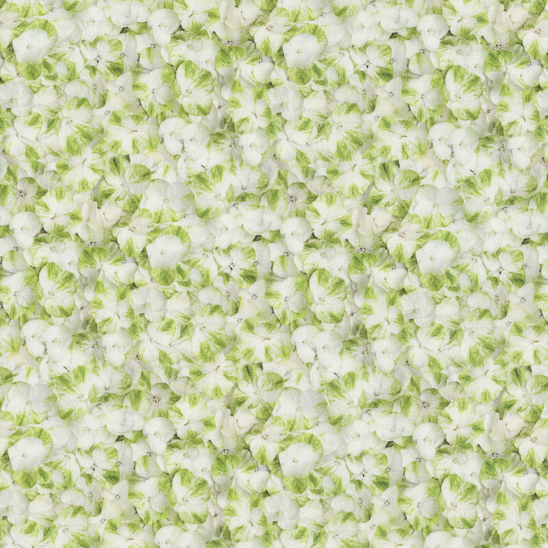 Photorealistic fabric with small green and white flowers.