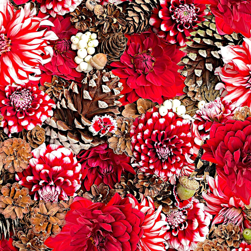 Photorealistic fabric with red flowers and pinecones.