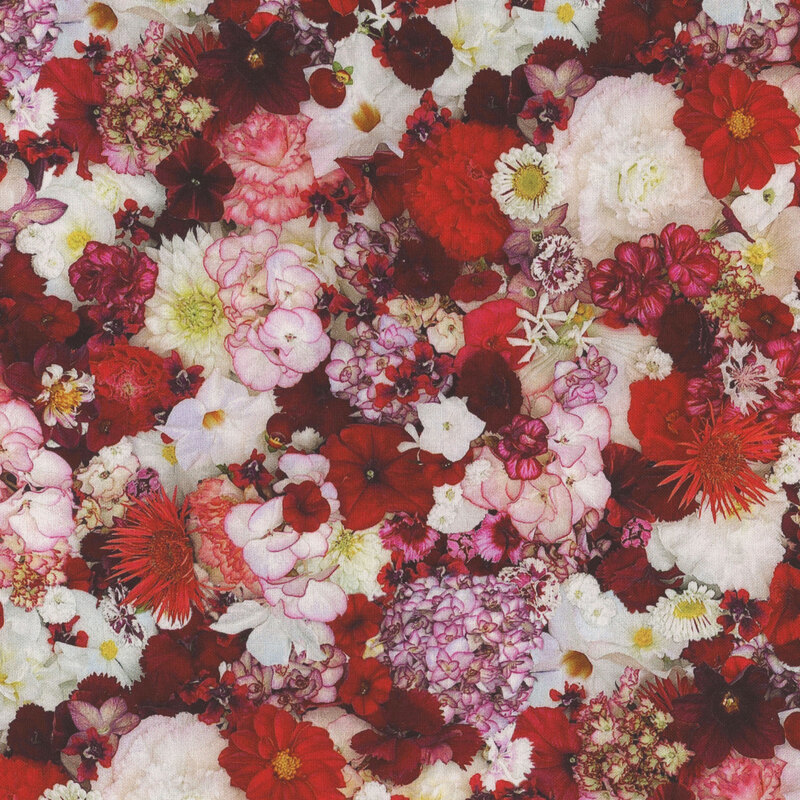 Photorealistic fabric with red, white, and pink flowers.