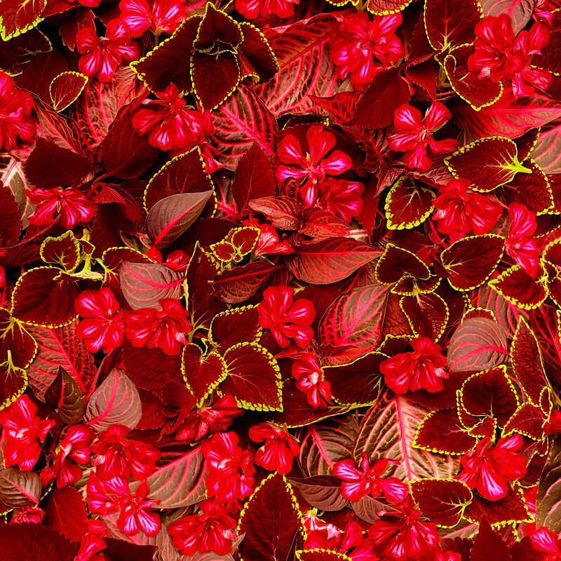 Photorealistic fabric with red flowers and leaves.