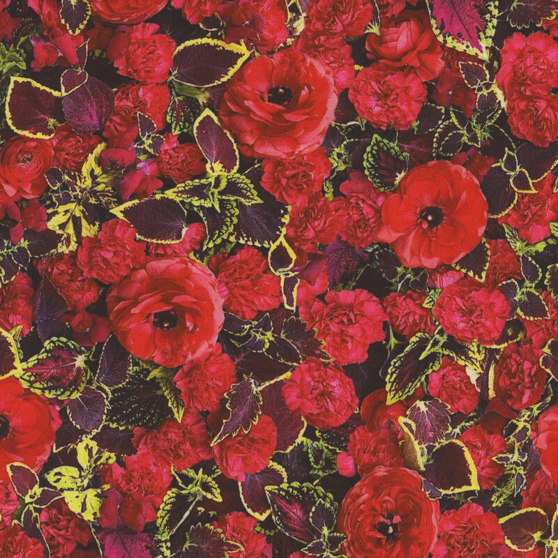 Photorealistic fabric with red flowers and leaves.