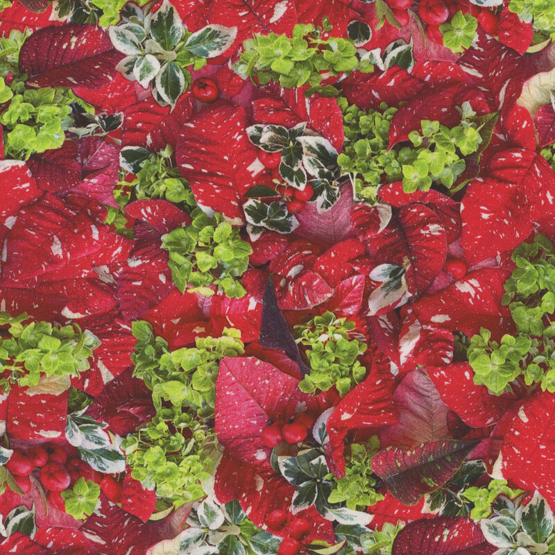 Photorealistic fabric with small bundles of foliage and red poinsettia leaves and berries.