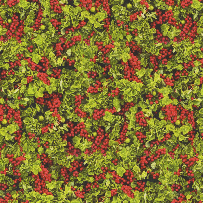 Photorealistic fabric with red berries a clusters of green foliage.