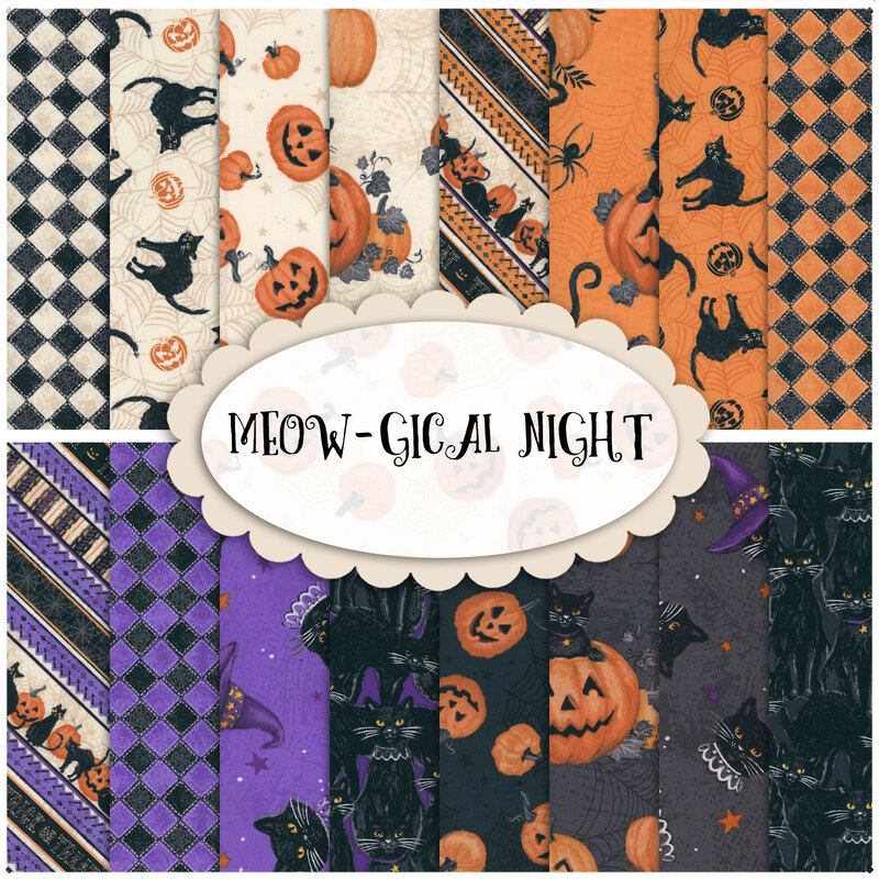 collage of fabrics in meow-gical night featuring cats pumpkins, and checkered patterns in orange, purple, grey and cream