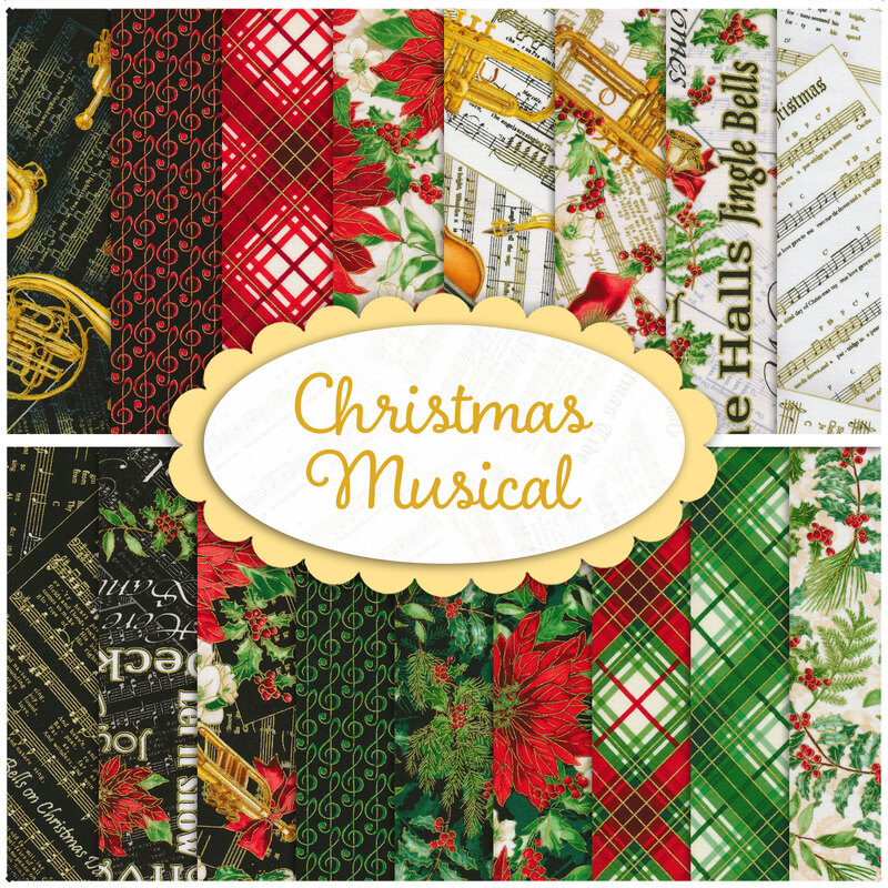 Collage of the red and green fabrics showcasing musical instruments included in the Christmas Musical collection.