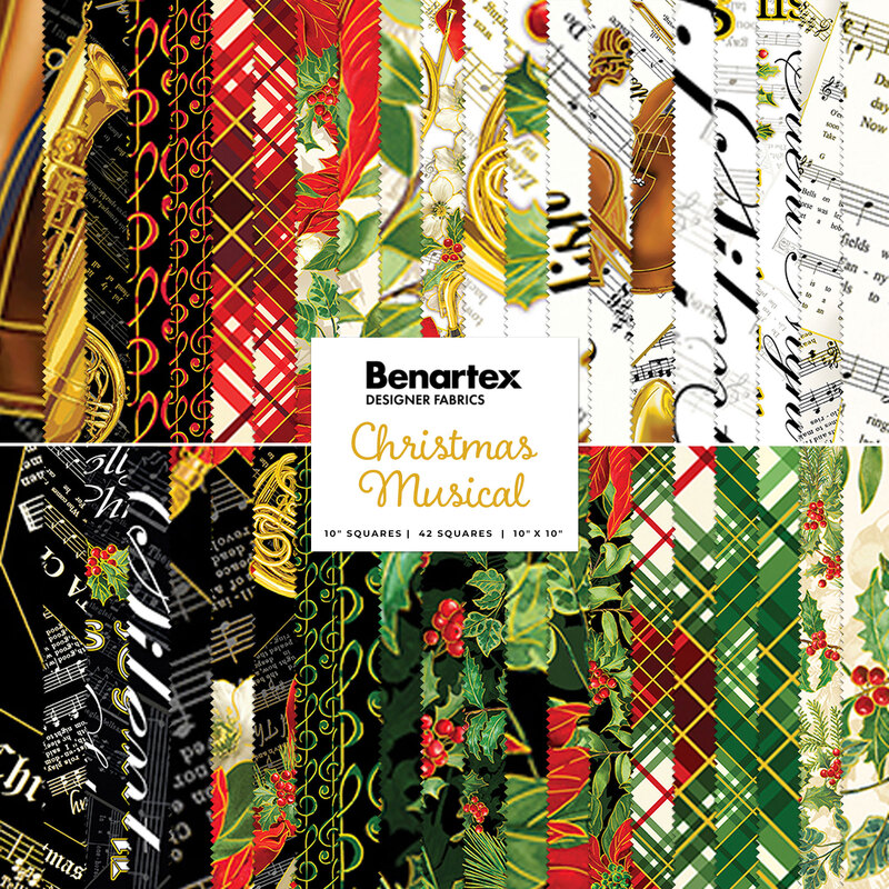 Collage of the black, red, white, and green fabrics showcasing musical instruments included in the Christmas Musical collection.