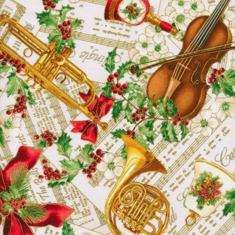 Fabric with a pattern of musical instruments, holly, flowers, bows, and sheet music.