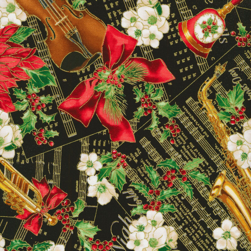 Fabric with a pattern of musical instruments, holly, flowers, and bows on black sheet music.