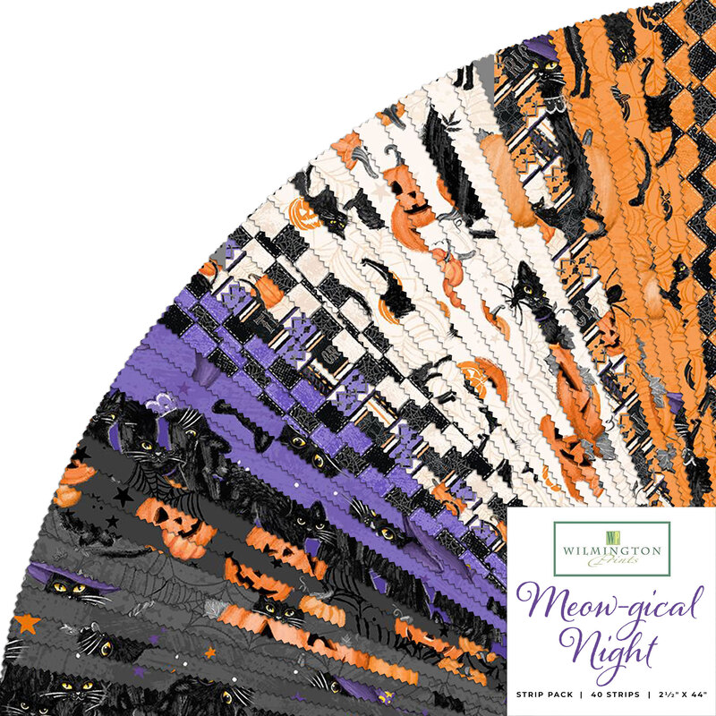 collage of fabrics in meow-gical night jelly roll featuring cats pumpkins, and checkered patterns in orange, purple, grey and cream