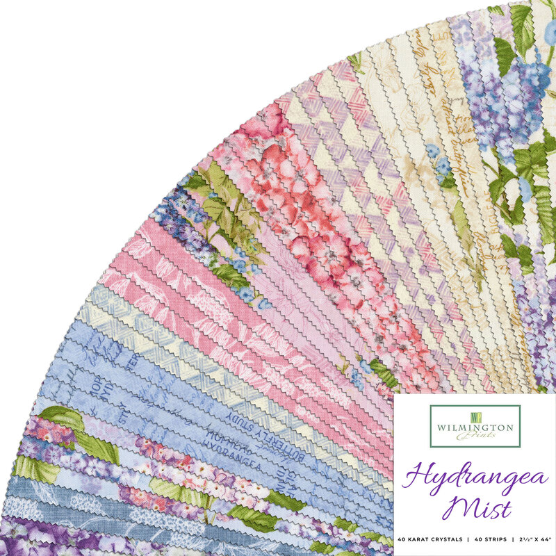 A collage of pink, blue, and cream floral fabrics in the Hydrangea Mist Strip Pack