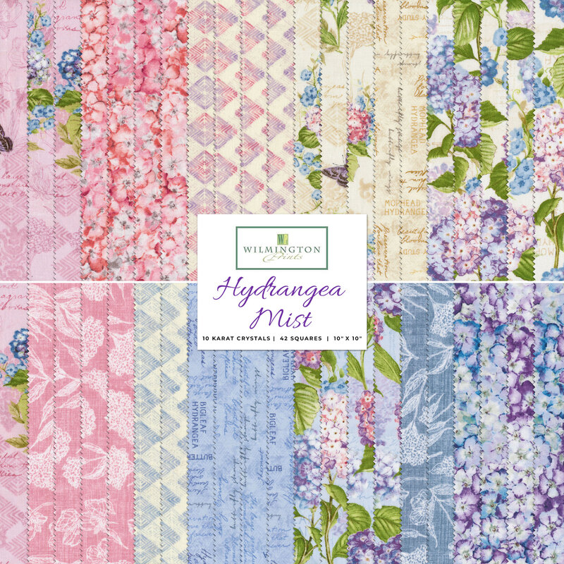 A collage of pink, blue, and cream floral fabrics in the Hydrangea Mist 10