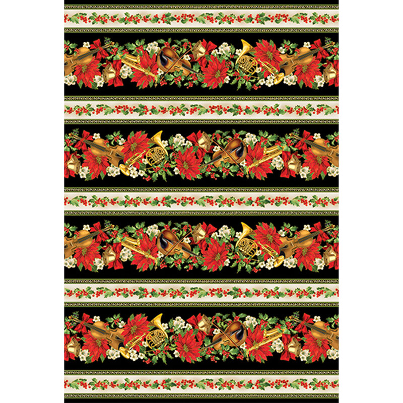 Border stripe featuring musical instruments, poinsettias, and holly on black and cream.