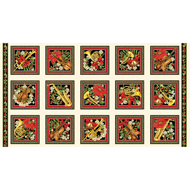 Panel featuring blocks of musical instruments, poinsettias, and holly on black and cream.