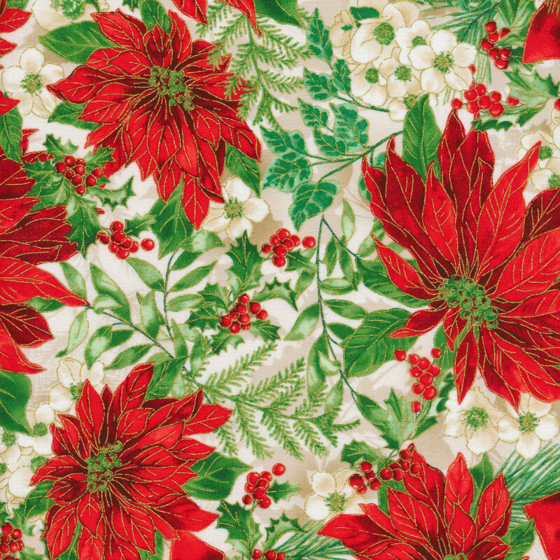 Fabric with a pattern of poinsettias and holly.