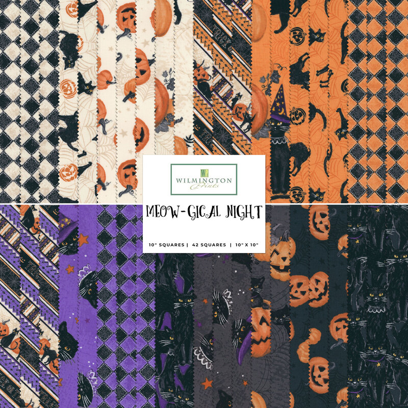 collage of fabrics in meow-gical night layer cake featuring cats pumpkins, and checkered patterns in orange, purple, grey and cream