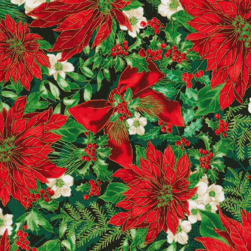 Fabric with a pattern of poinsettias and holly on a black background.