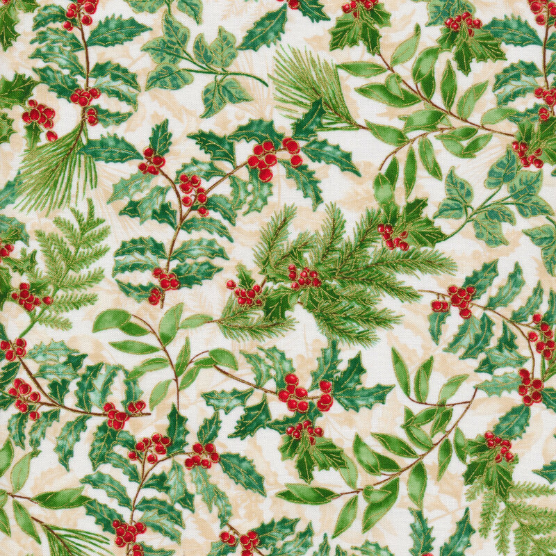 Fabric with a pattern of holly and evergreen branches.