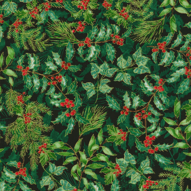 Fabric with a pattern of holly and evergreen branches on a back background.