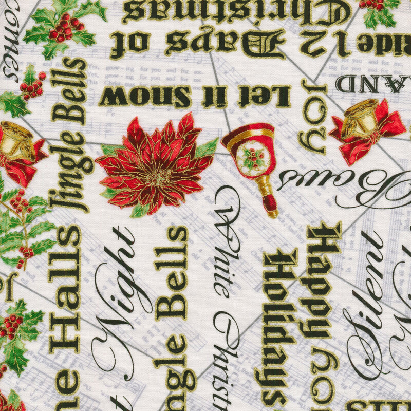 Fabric with a pattern of Christmas carol sheet music, festive phrases, and holly.