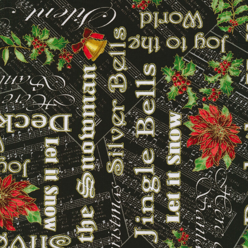 Fabric with a pattern of Christmas carol sheet music, festive phrases, and holly on a black background.