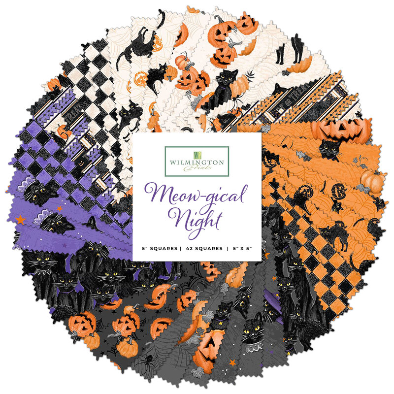 collage of fabrics in meow-gical night charm pack featuring cats pumpkins, and checkered patterns in orange, purple, grey and cream