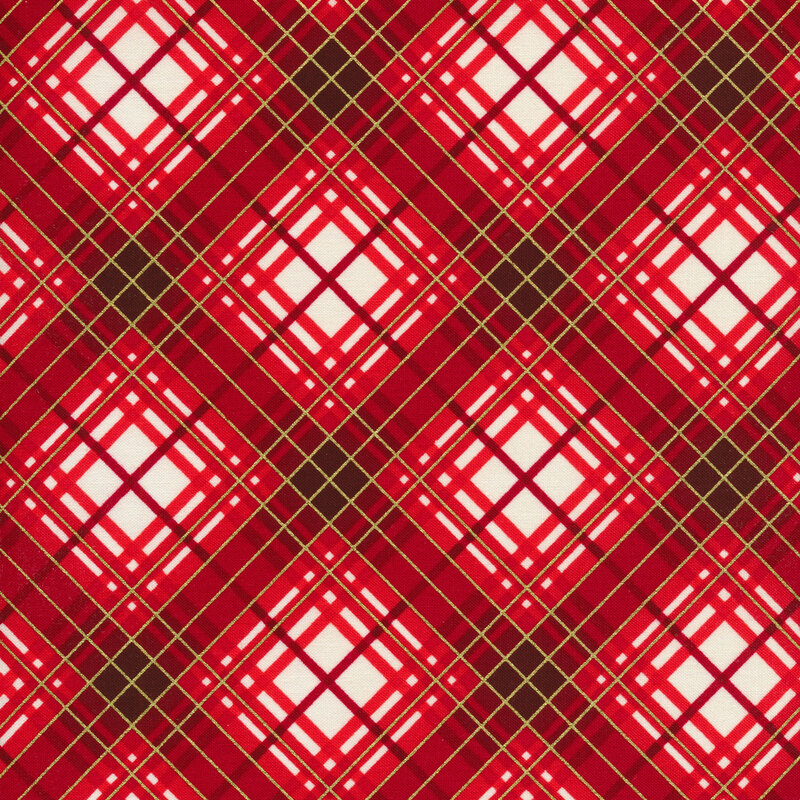 Fabric with a red and cream plaid pattern.