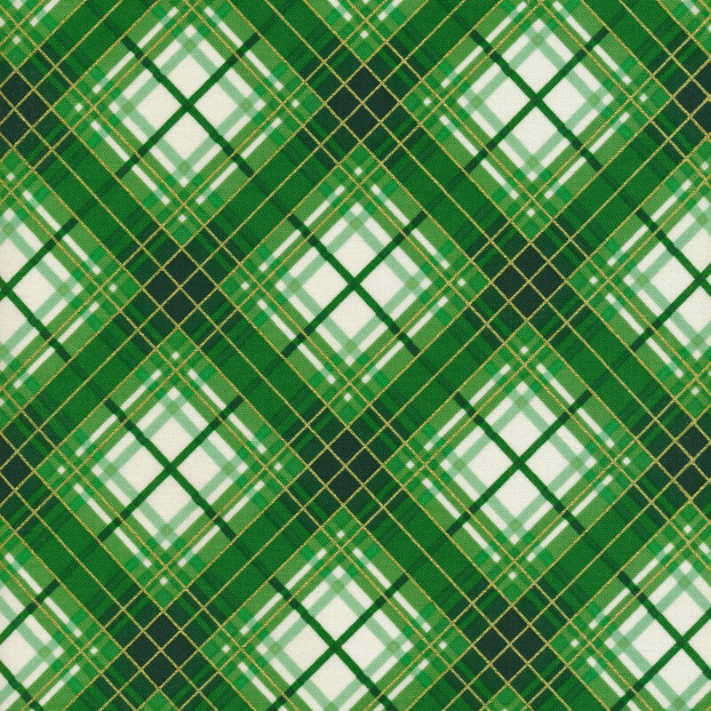 Fabric with a green and cream plaid pattern.