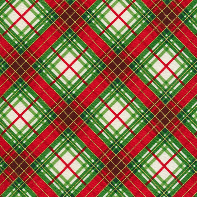 Fabric with a red and green on cream plaid pattern.
