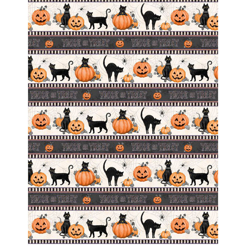 Digital image of border stripe fabric featuring black cats and jack o'lanterns