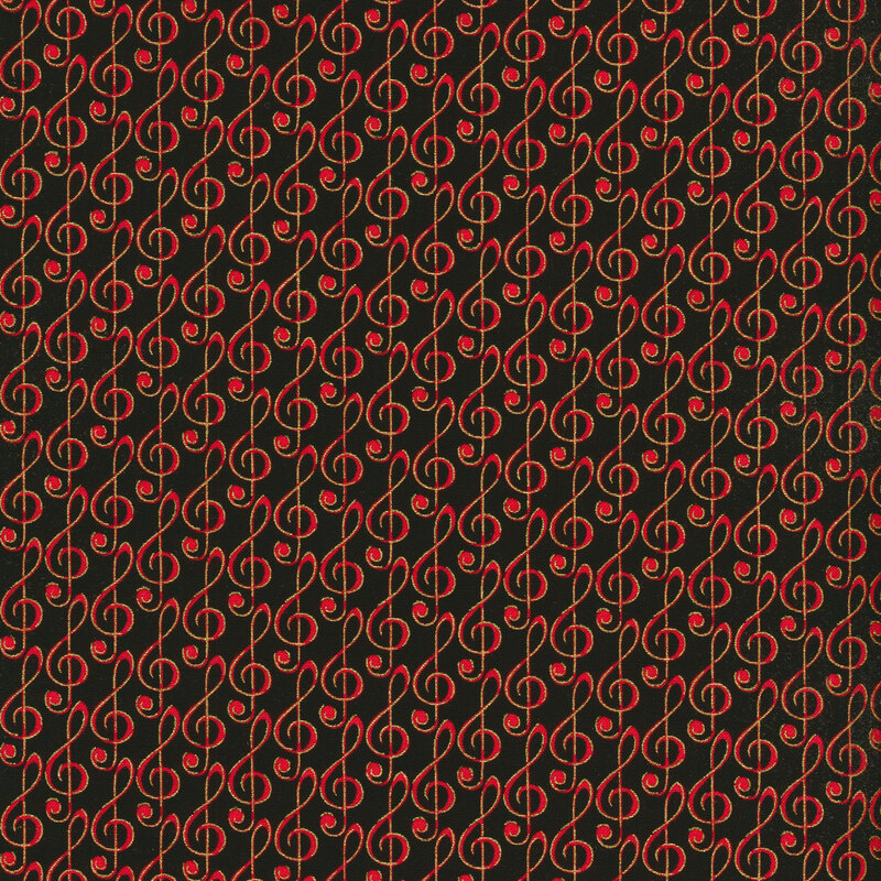 Black fabric with a red and gold treble clef pattern.