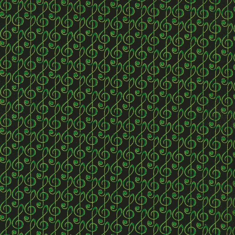 Black fabric with a green and gold treble clef pattern.