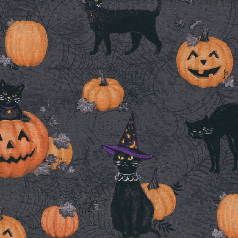 dark gray fabric featuring black cats, pumpkins, and jack o'lanterns