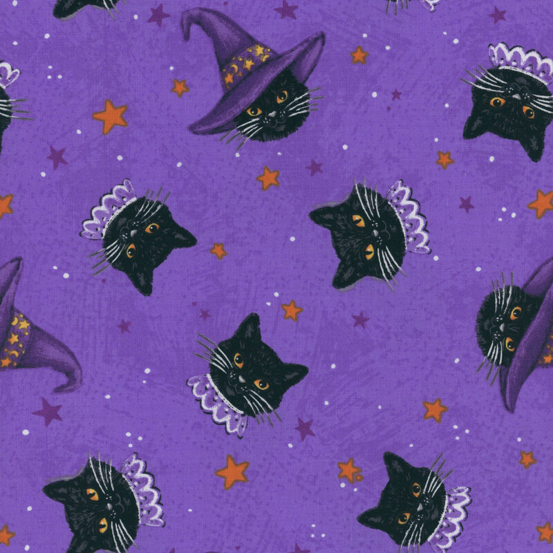 fabric featuring bewitched black cats and stars on a purple background