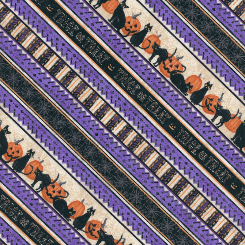 Striped fabric featuring cats and pumpkins in black, purple, orange, and cream