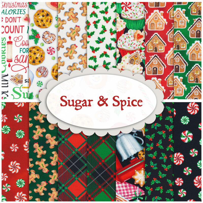 Collage of the red, green, black, and white fabrics featuring holiday treats that are included in the Sugar & Spice collection.