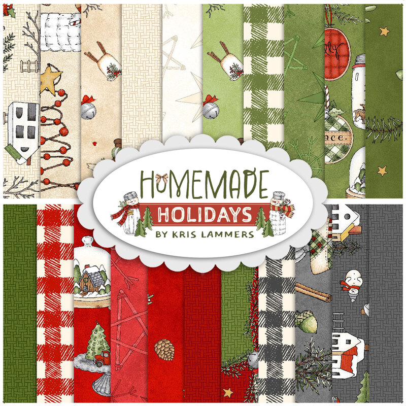collage of all the homemade holidays fabrics in shades of red, green, cream, and gray