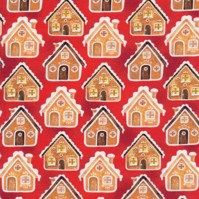 Red mottled fabric with a gingerbread house pattern