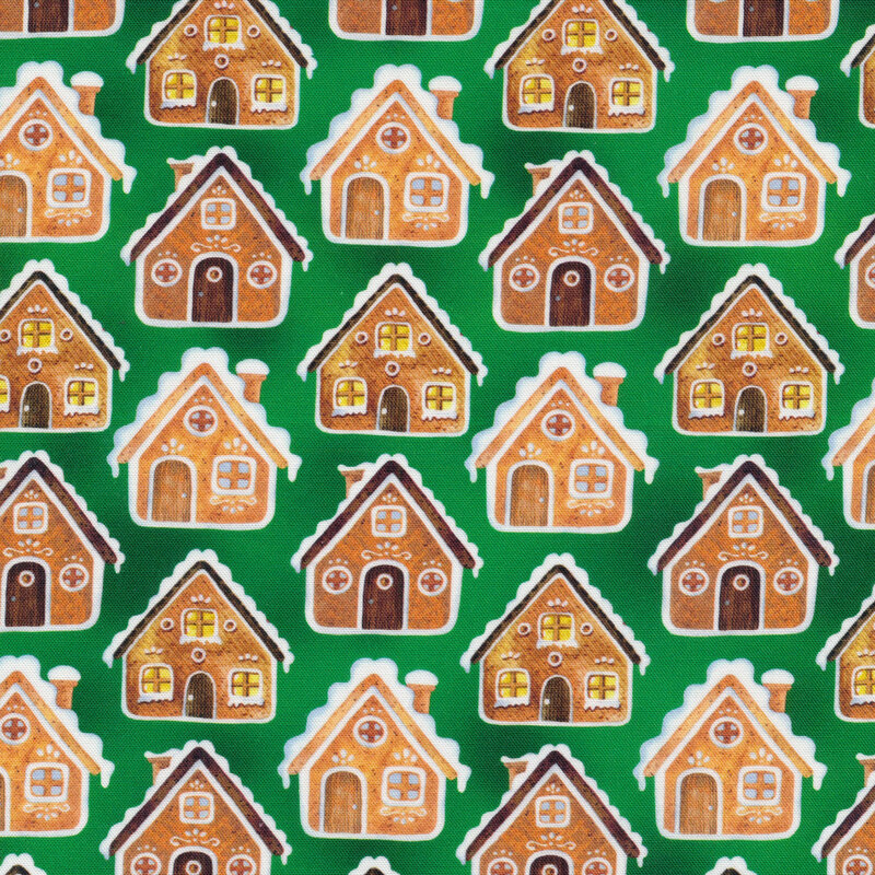 Green mottled fabric with a gingerbread house pattern.