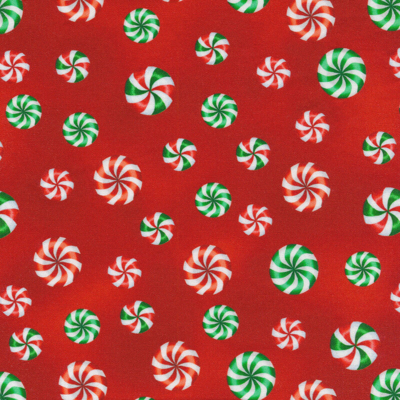 Red mottled fabric with a peppermint candy pattern.