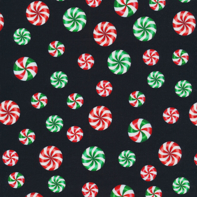 Black fabric with a peppermint candy pattern.