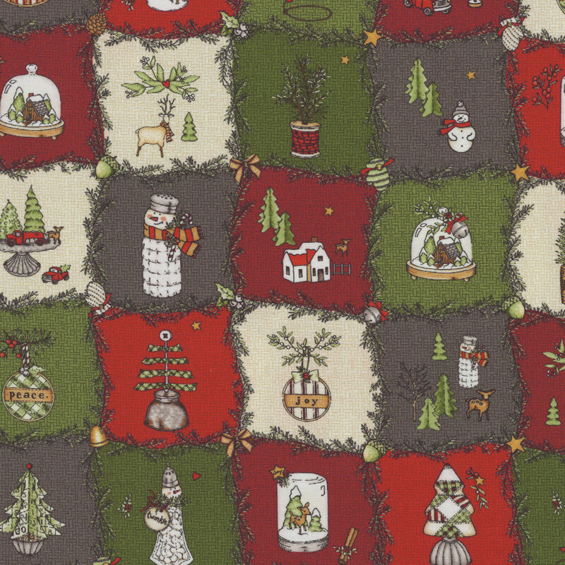 lovely patchwork style fabric, with burlap textured squares featuring different Christmas themed ornaments and crafts, surrounded by festive pine branches