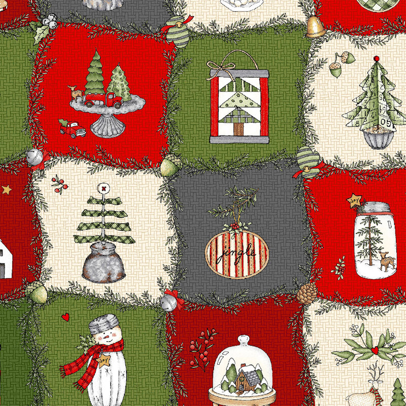 lovely patchwork style fabric, with burlap textured squares featuring different Christmas themed ornaments and crafts, surrounded by festive pince branches