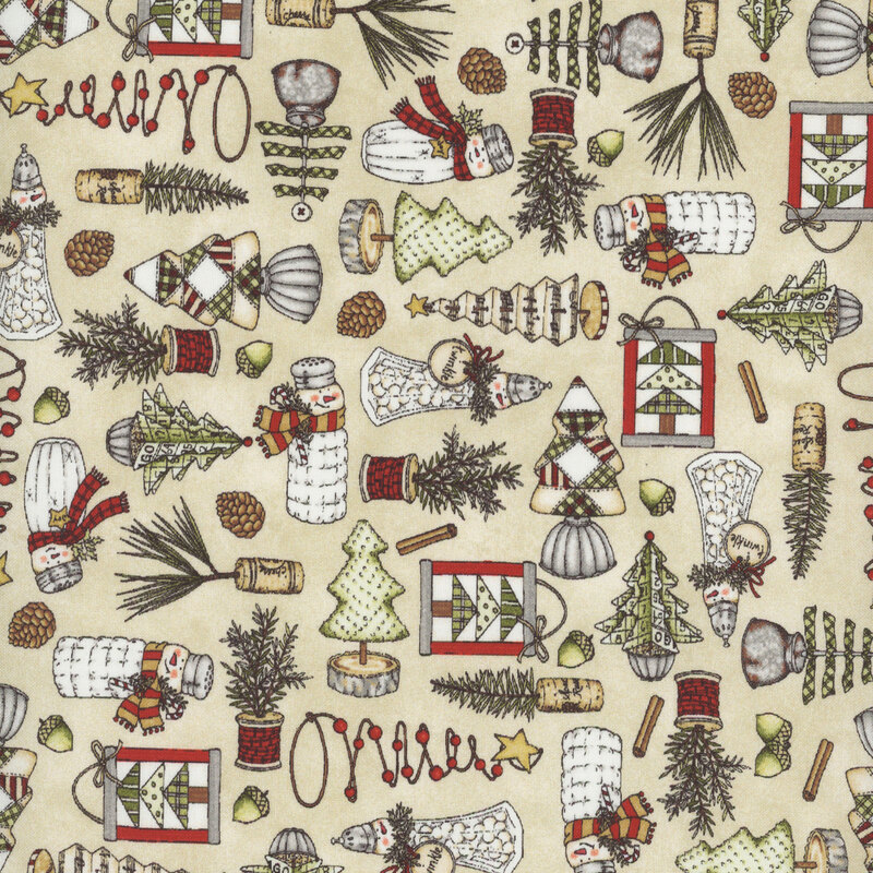 lovely textured cream fabric, with scattered homemade ornaments and decorations, including salt shaker snowmen, wine cork pine trees, and different variations of fabric Christmas trees