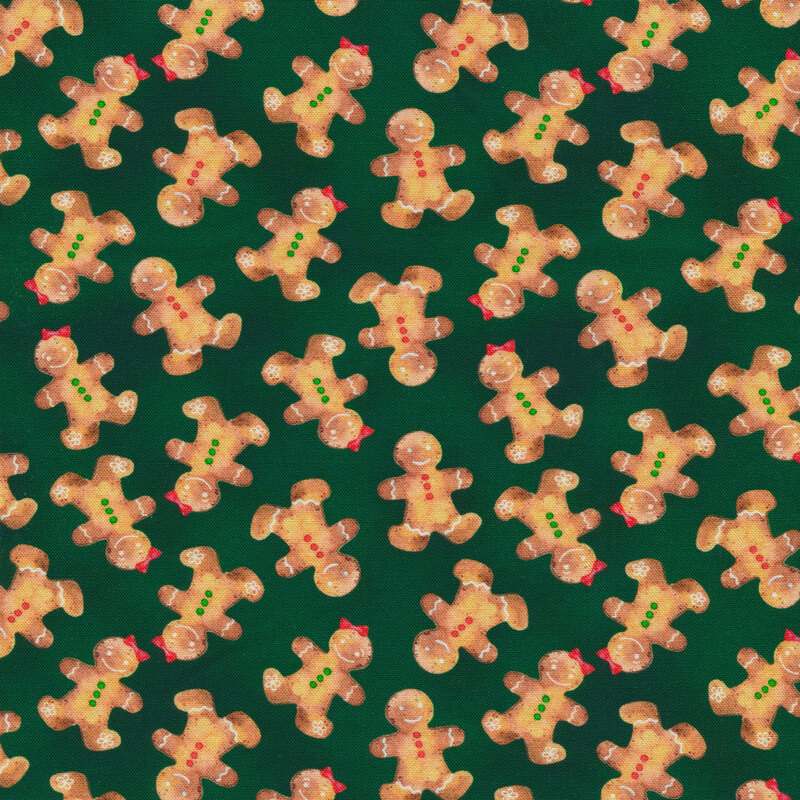 Green mottled fabric with a gingerbread men pattern.