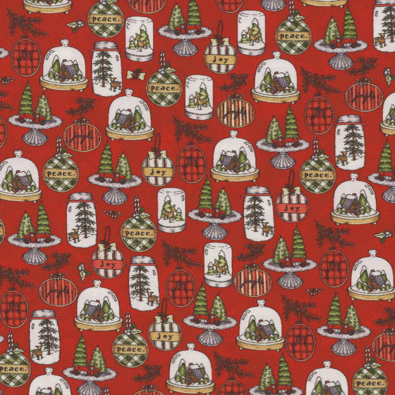 lovely textured red fabric, with various Christmas decorations and ornaments, including cloche winter cabins, mason jar snow globes, and embroidery hoop ornaments