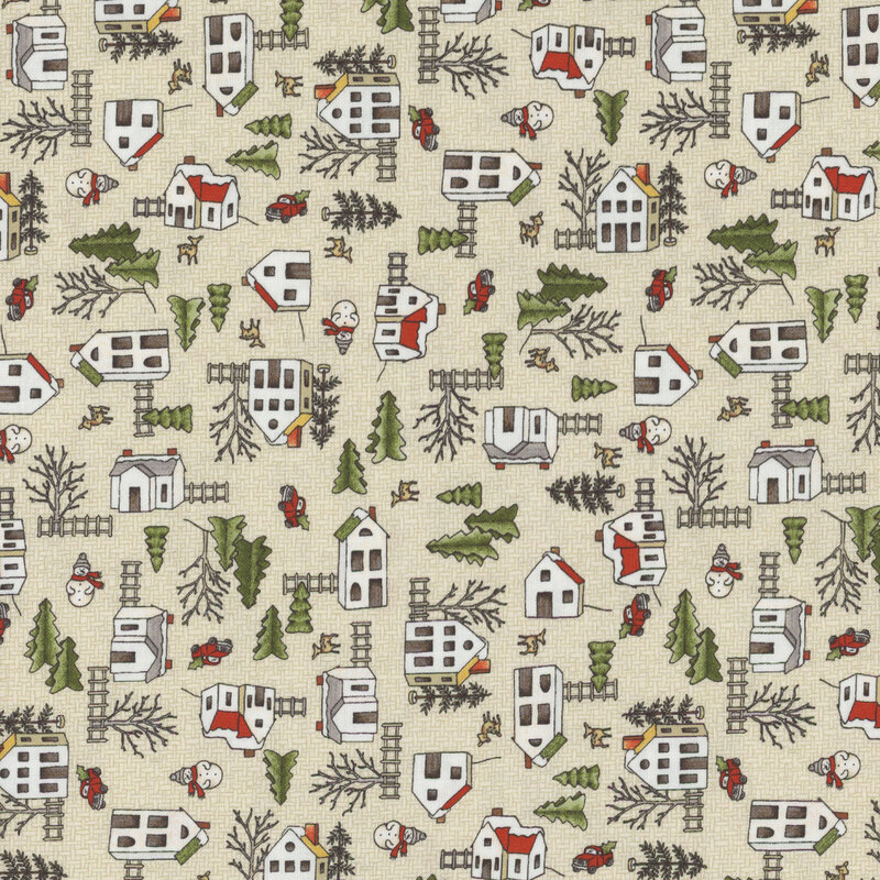 lovely burlap textured cream fabric, with scattered Christmas village homes, snowmen, deer, pine trees, and vintage red trucks